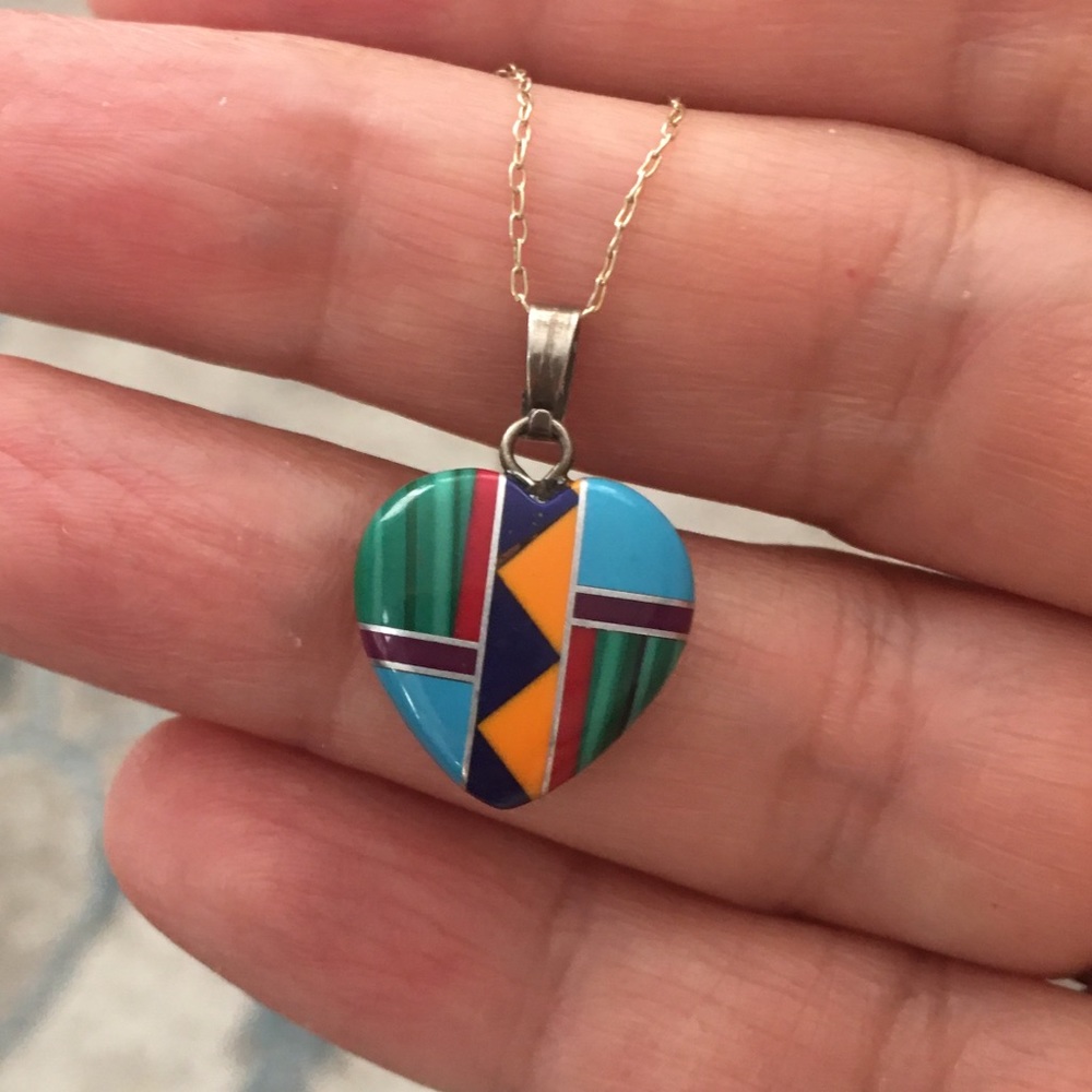 Navajo inlay style pendant & sterling silver chain